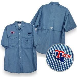 Columbia PFG Button Shirt Omni-Shade LA Tech Men S Super Bonehead Blue S/S Vent